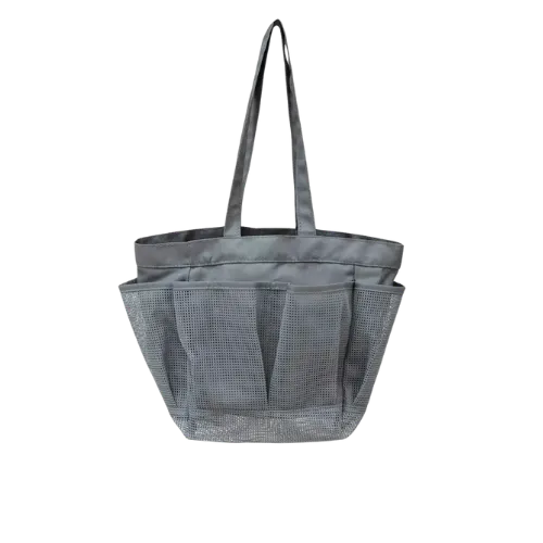 Gray mesh tote bag with handles and multiple compartments on white background