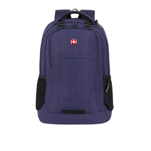 Navy blue backpack with Swiss cross logo and black side pockets, front view