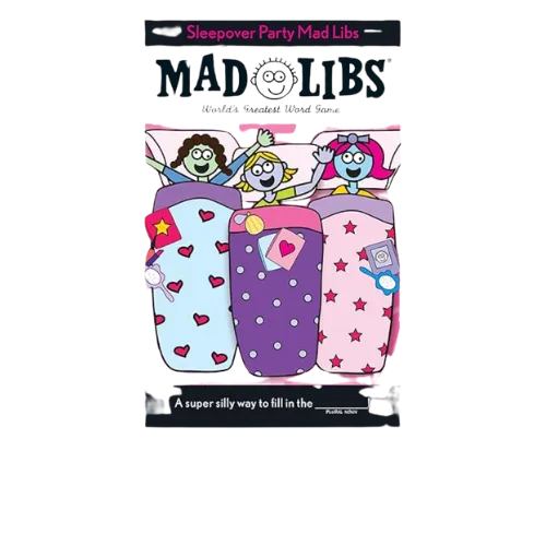 Sleepover Party Mad Libs game with colorful sleeping bag illustrations and cartoons