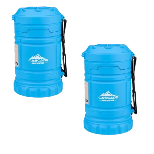 Two blue Cascade collapsible camping lanterns with black carry handles