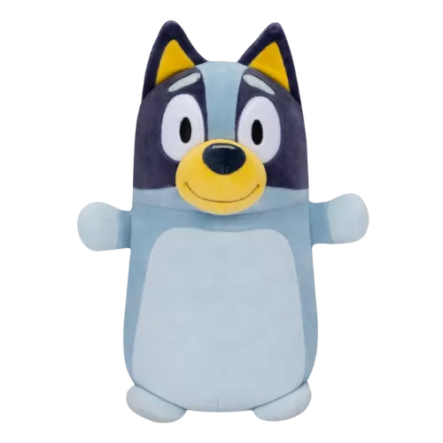 Bluey plush toy with dark blue head, yellow ears and nose, white belly and outstretched arms.