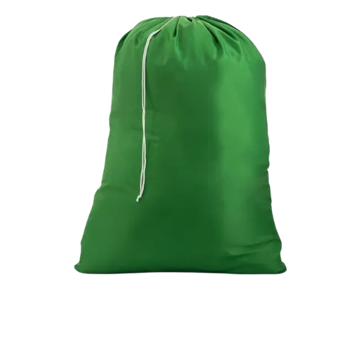 Green drawstring laundry bag with white cord closure on white background