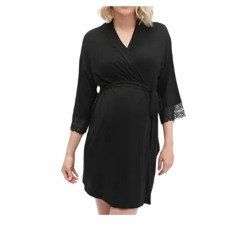 Woman wearing black wrap robe dress with lace three-quarter sleeves