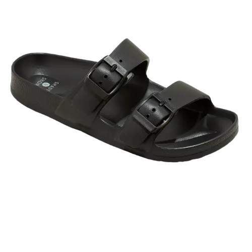Black slide sandals with two adjustable buckle straps, viewed from the side