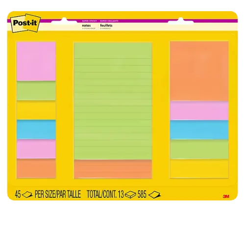 Post-it assorted sticky notes pad in bright yellow, pink, green, and orange colors.
