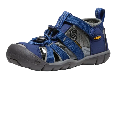 Blue and gray children's hiking sandal with straps and protective toe design.