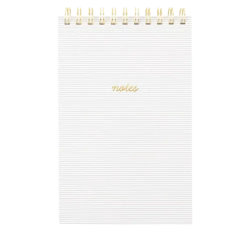 Spiral-bound notepad with lined pages and gold "notes" text on white paper