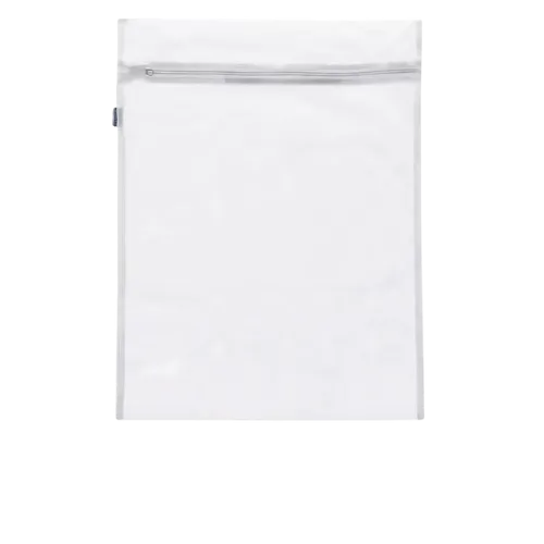 White mesh laundry bag with zipper closure for delicate garments