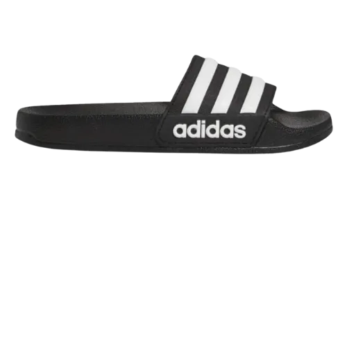 Black Adidas slide sandal with white three stripes logo on black background