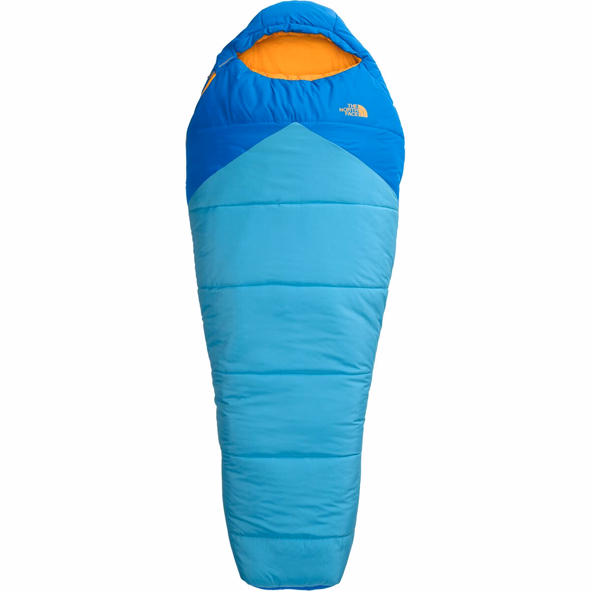 Blue and turquoise The North Face mummy sleeping bag with orange lining inside