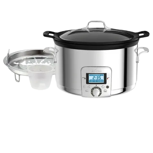 Stainless steel slow cooker with digital display, black lid, and steaming insert tray.