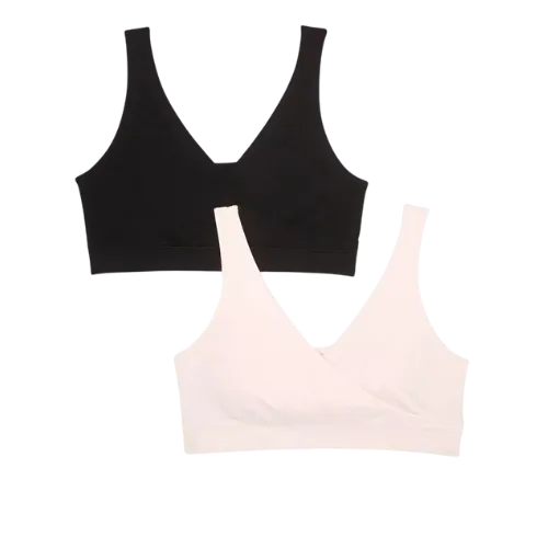 Two sports bras, one black and one light pink, displayed on white background.