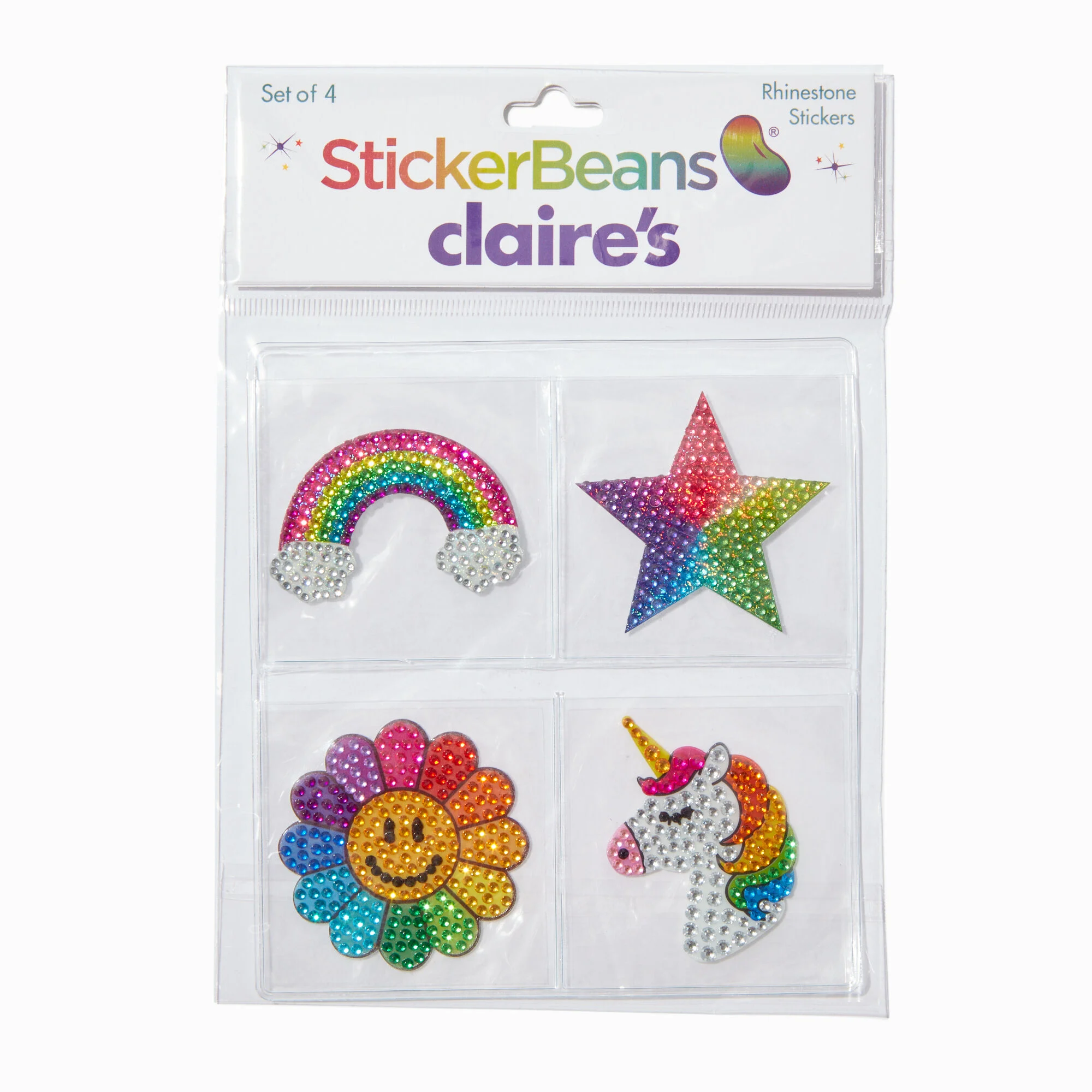 StickerBeans Claire's set of 4 rhinestone stickers: rainbow, star, flower, unicorn