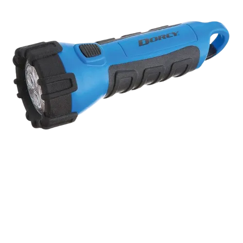 Blue and black Dorcy LED flashlight with rubber grip and handle