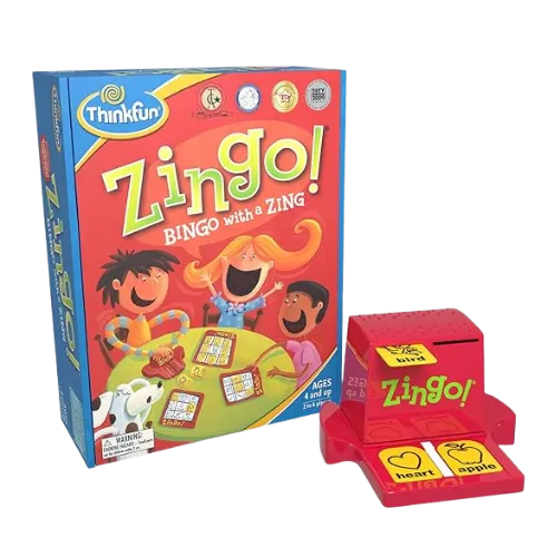 Thinkfun Zingo bingo game box with red game unit and cards displayed.