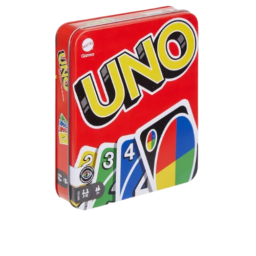 UNO card game in red metal tin box with colorful numbered cards displayed