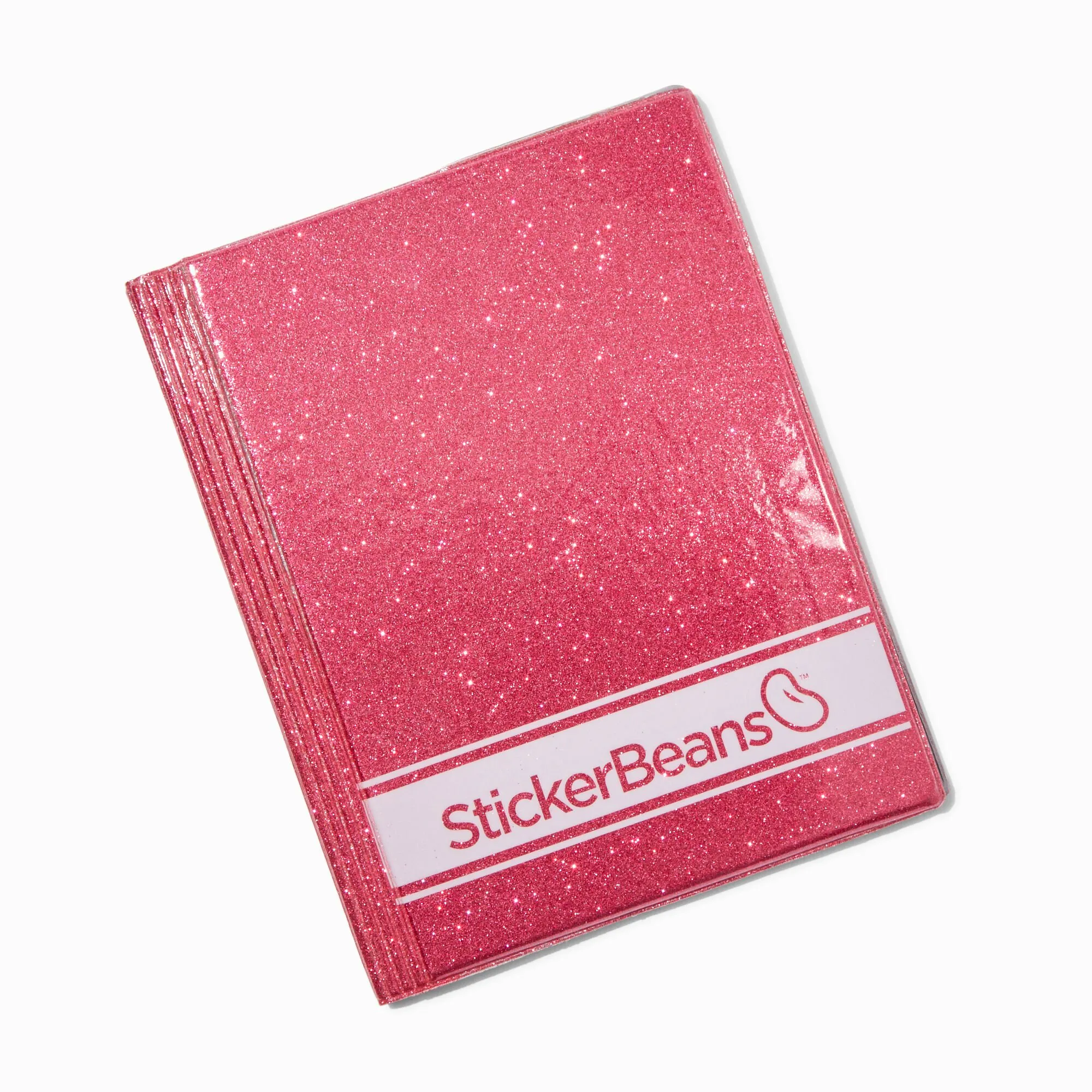 Pink sparkly StickerBeans notebook with glitter cover on white background