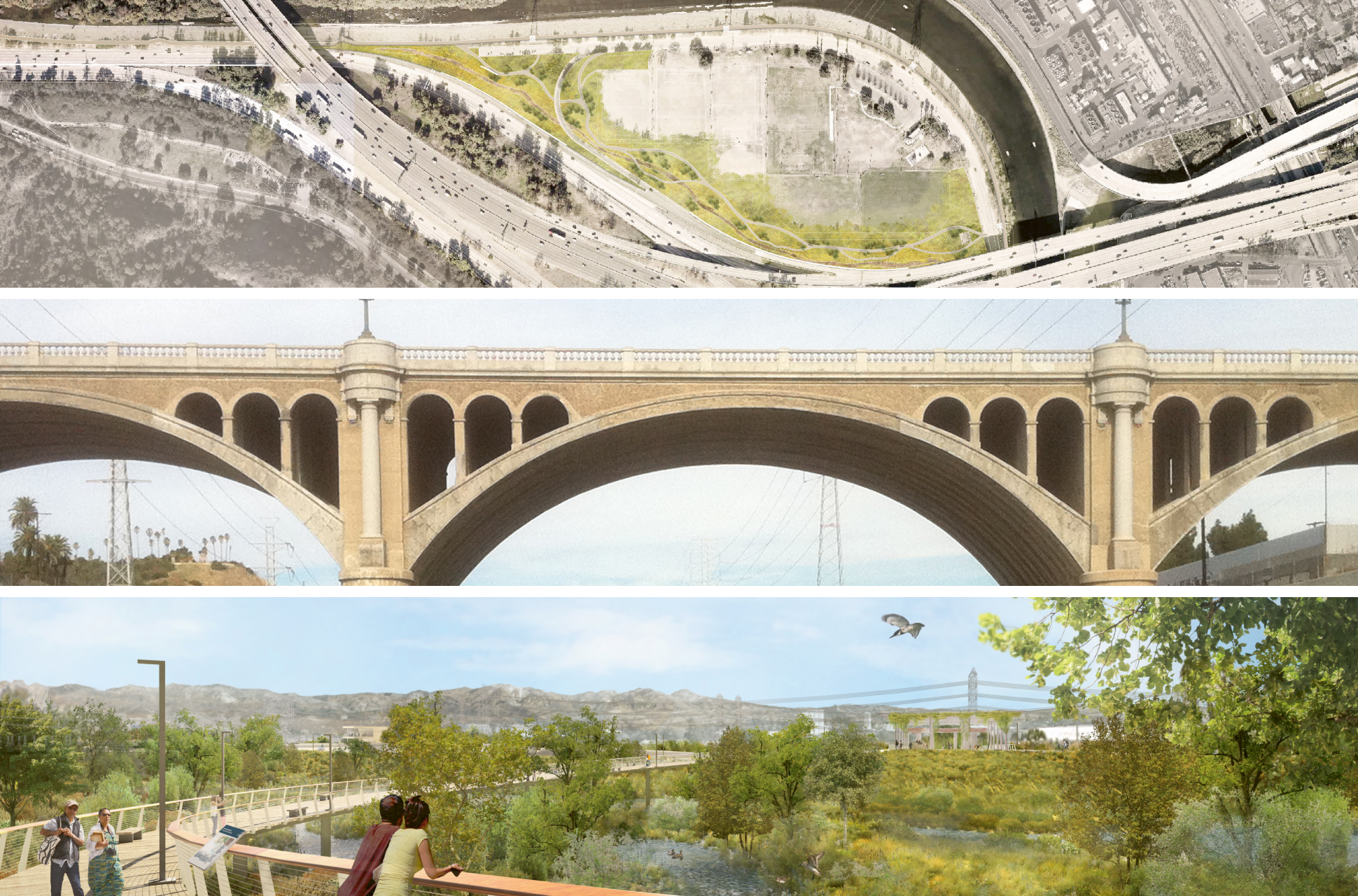 Plan Maestro del Río de Los Ángeles; vista del cauce del río, como se encuentra actualmente, cerca de Atwater Village, y proyecto del área de confluencia con el río Hondo. Para todas las imágenes: ©LA River Master Plan 2022, LA County Public Works, Geosyntec, OLIN, Gehry Partners.
