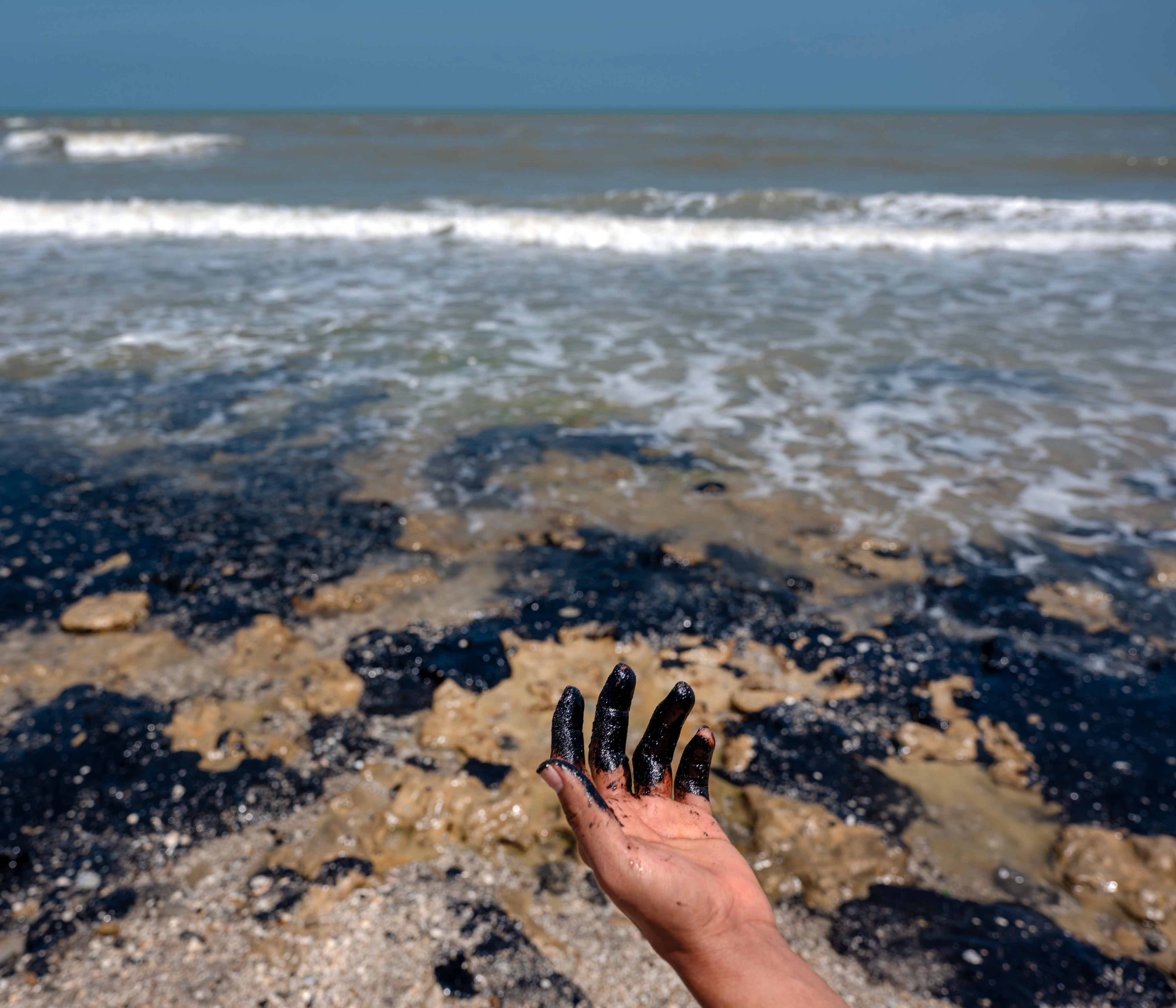 Las manos de un joven quedan cubiertas por una densa capa de petróleo crudo frente a las aguas de Playa Azul, durante las labores de contención tras el derrame que afecta la costa norte de Veracruz. El desastre ha paralizado la economía regional, dejando a cientos de familias de pescadores y trabajadores turísticos sin sustento. 23 de marzo de 2026. Barra de Cazones, Veracruz, México.
