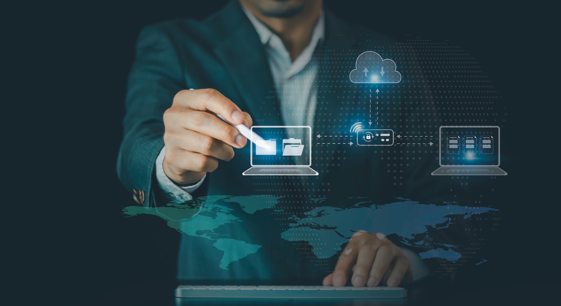 Man reviewing cloud service icons representing fully managed hosting