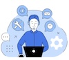 Illustration: IT-Support-Mitarbeiter mit Laptop