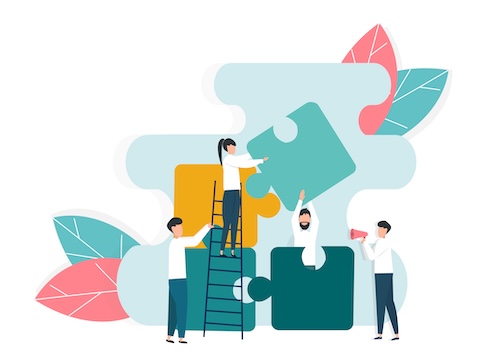Illustration: Team setzt gemeinsam Puzzleteile zusammen – persönliche Betreuung