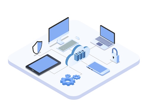 Illustration: vernetzte IT-Infrastruktur mit Servern, Cloud und Endgeräten