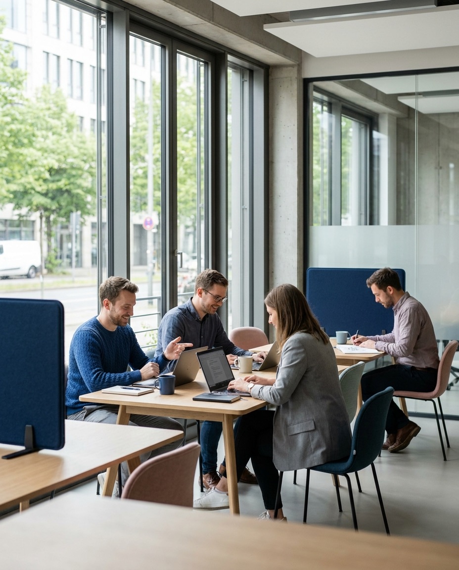 Team eines mittelständischen Unternehmens arbeitet entspannt im modernen Büro – Managed IT von oneCorp kümmert sich im Hintergrund.