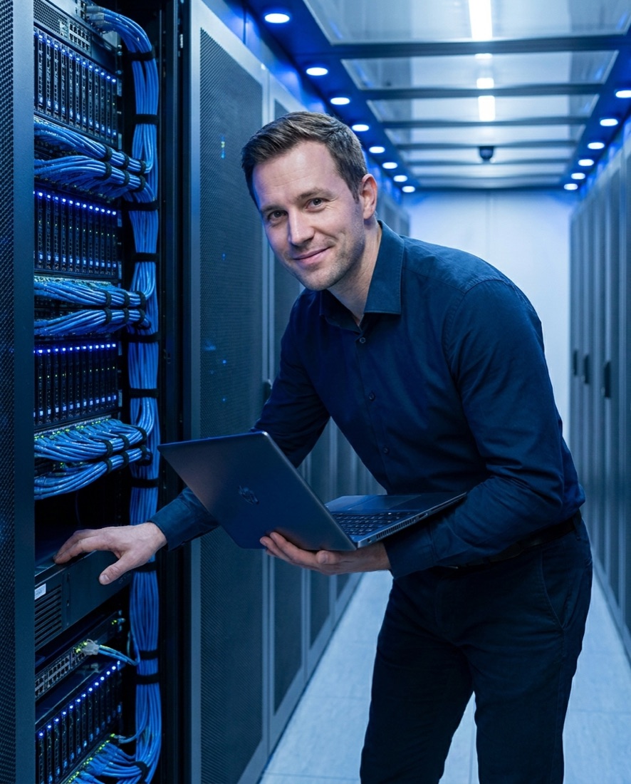 Server rack in a data center representing IT infrastructure