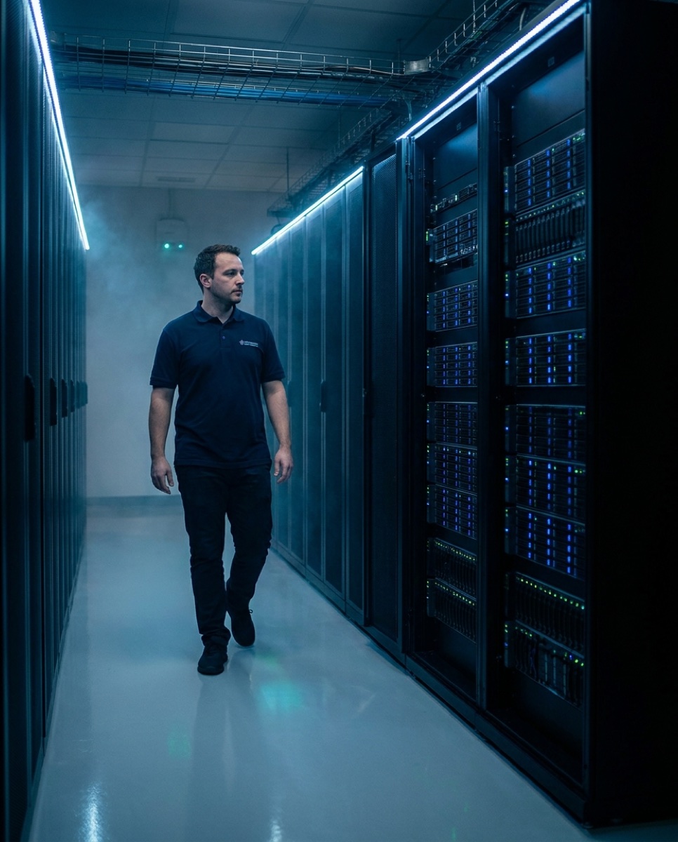 Server rack in a data center representing IT infrastructure