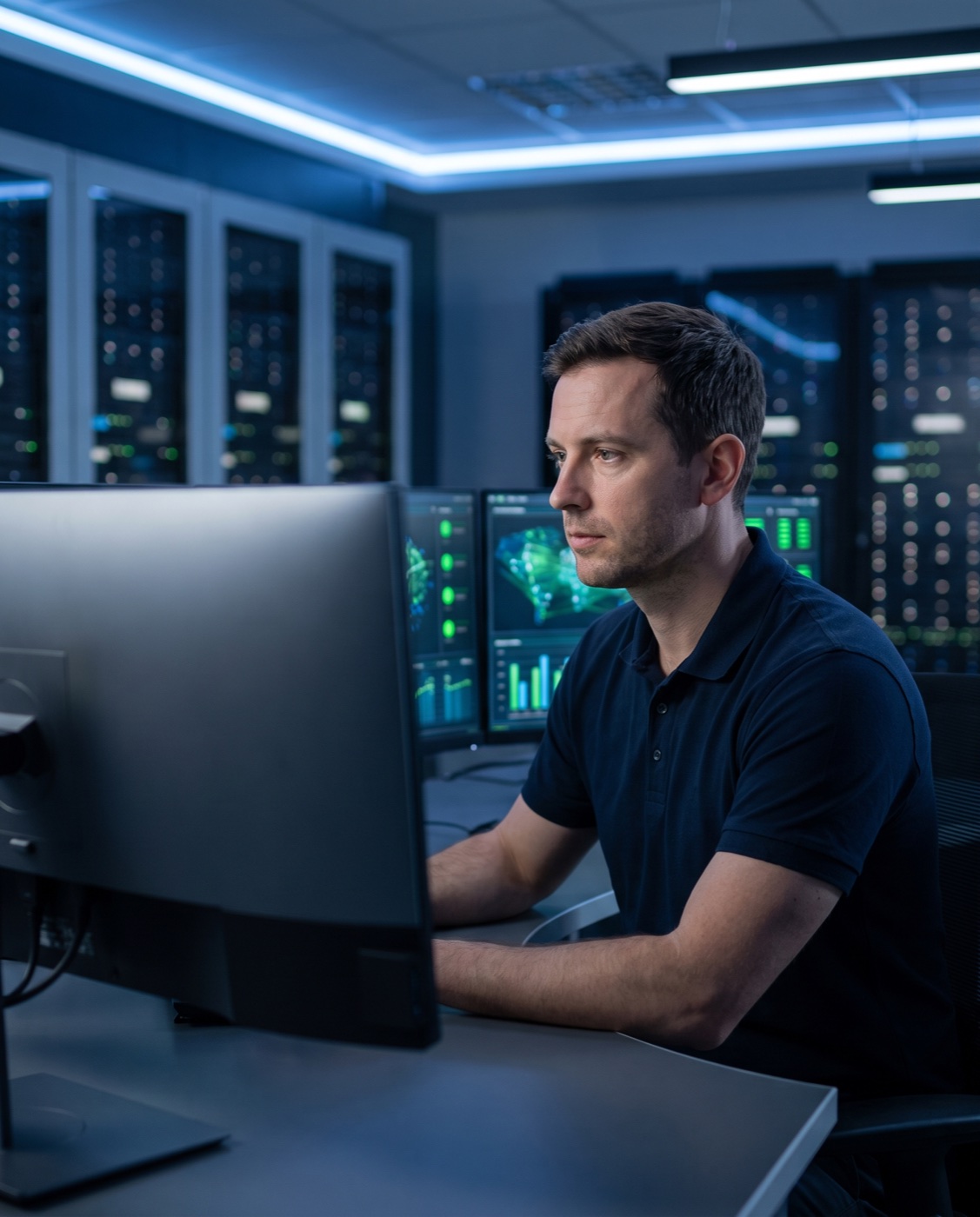 IT-Techniker von oneCorp überwacht Backup-Status auf Monitoren im Rechenzentrum - Managed Cloud Backup