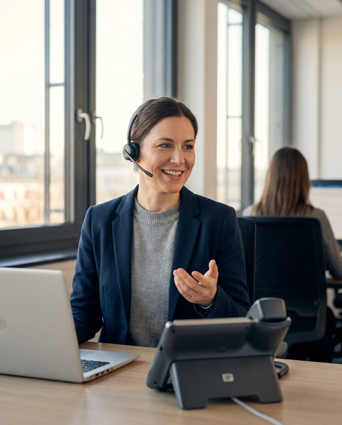 Mitarbeiterin telefoniert mit Headset über die Cloud-Telefonanlage, IP-Tischtelefon und Laptop am Arbeitsplatz