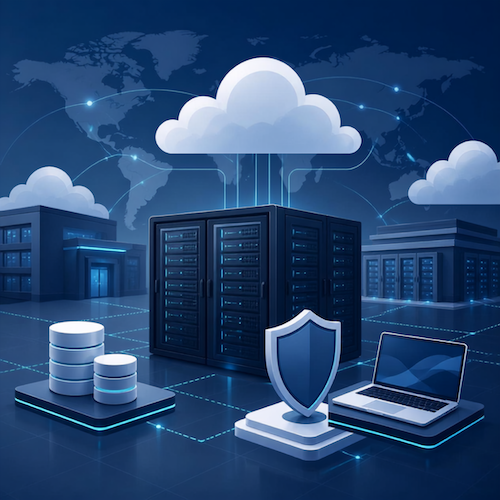 Illustration: vernetzte IT-Infrastruktur mit Servern, Cloud und Endgeräten