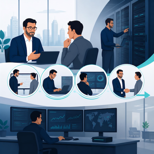 Set of AI-generated people performing different tasks in a modern office environment.