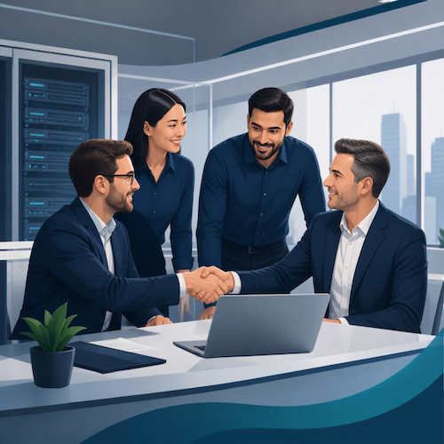 AI illustration of people sitting together at a desk in a modern office.