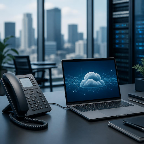 Laptop and phone on a desk in a modern office, with a cloud icon displayed on the laptop screen.