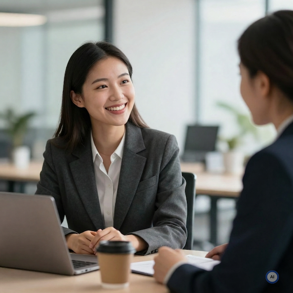 Two colleagues sitting together in an office, engaged in a discussion around a table.