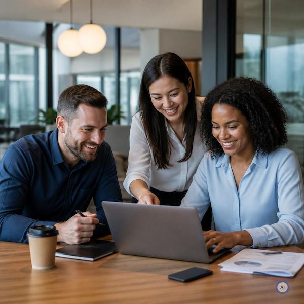 Three colleagues sitting together in an office, engaged in a discussion around a table.