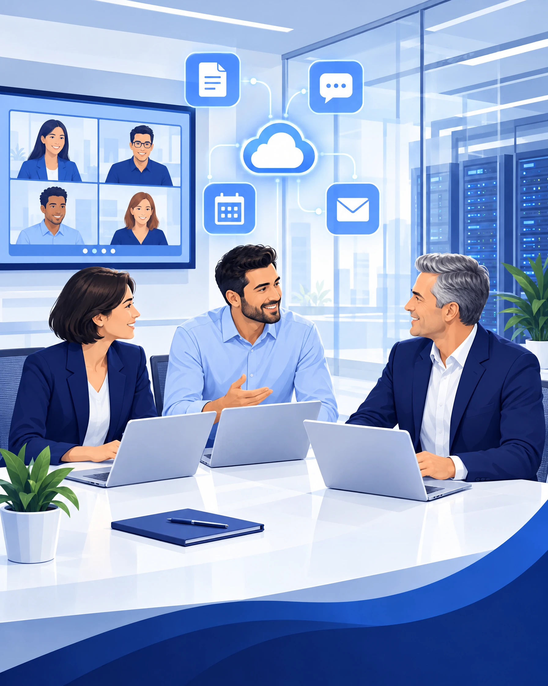 Illustration: team meeting with a video call - documents, chat, calendar and email connected through the cloud