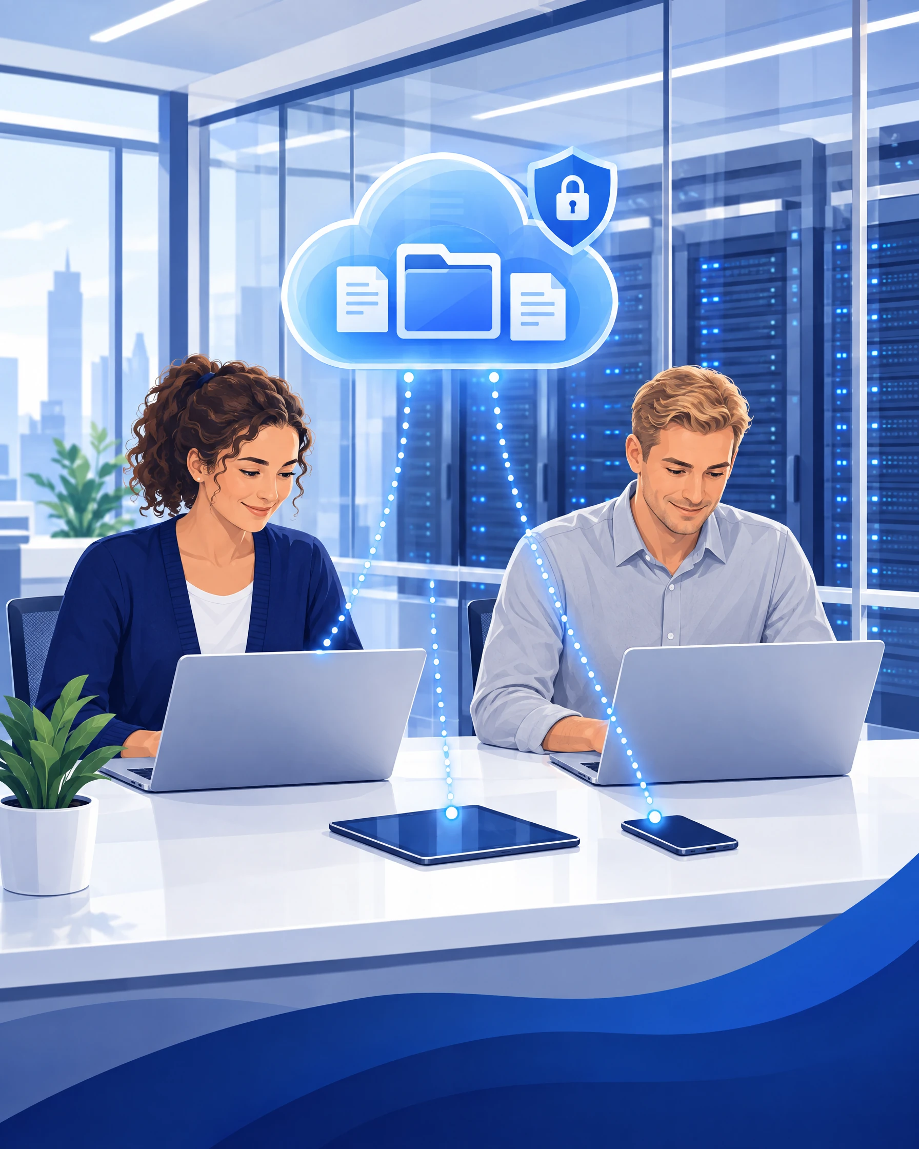 Illustration: Zwei Mitarbeitende synchronisieren Dateien über eine geschützte Cloud mit Laptop, Tablet und Smartphone