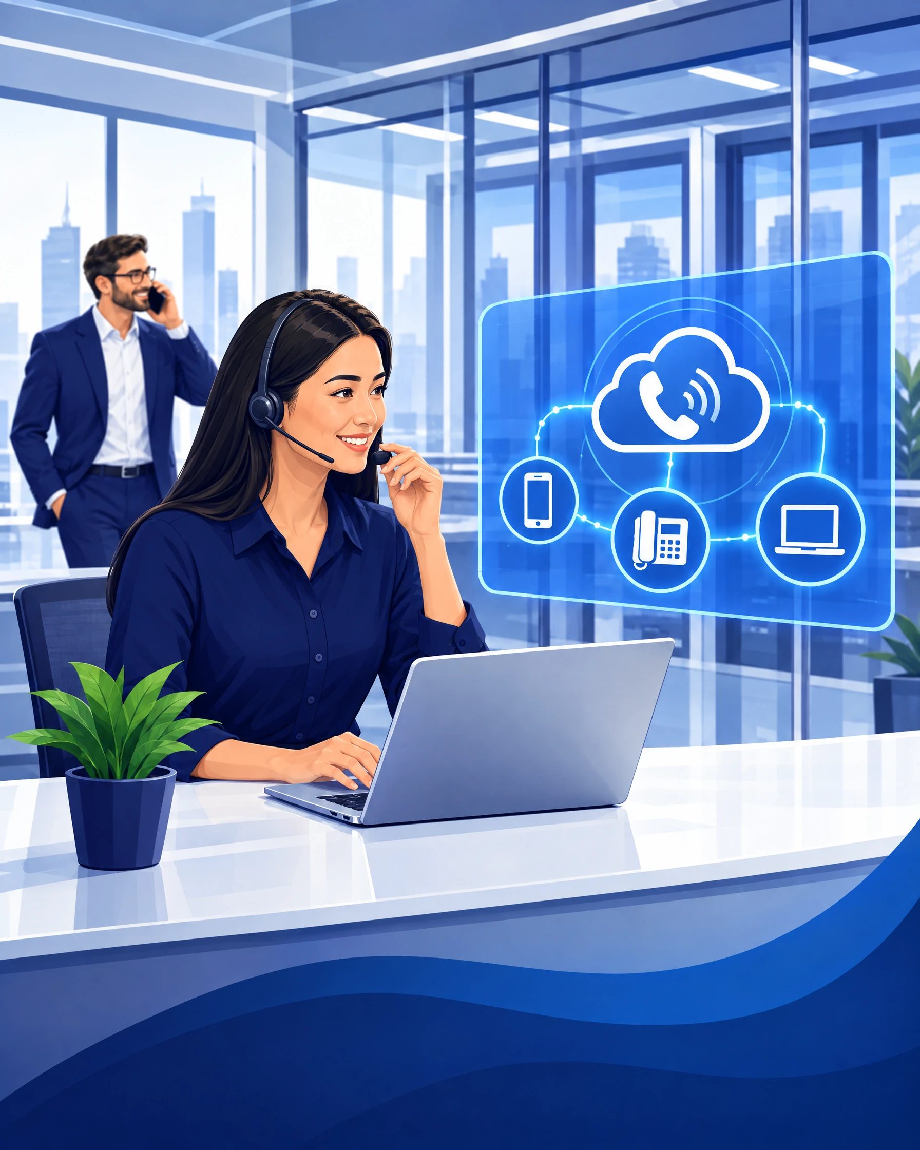 Illustration: Mitarbeiterin mit Headset telefoniert über die Cloud-Telefonanlage - verbunden mit Smartphone, Tischtelefon und Laptop