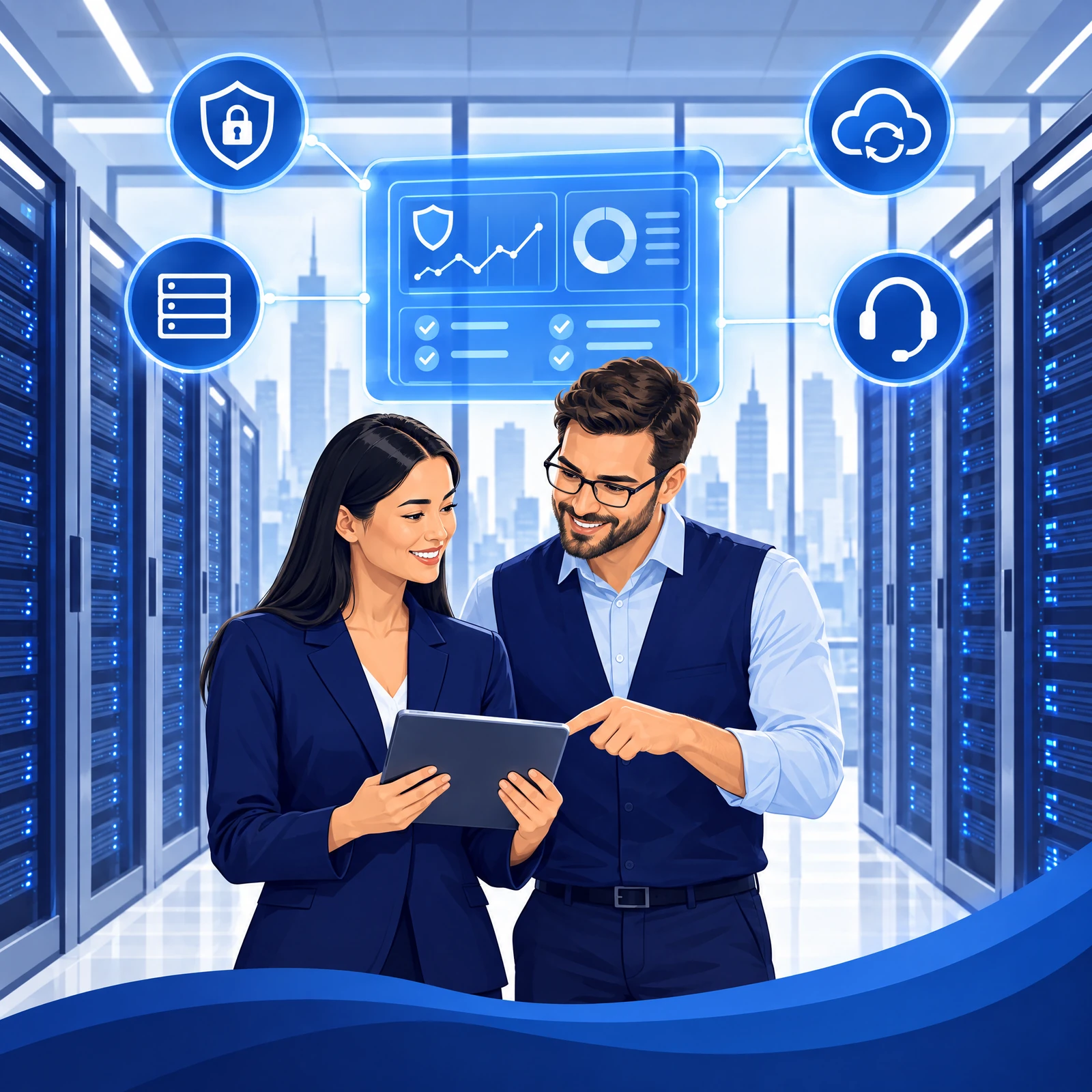 Illustration: IT-Team im Rechenzentrum mit Monitoring-Dashboard - Sicherheit, Backup, Server und Support aus einer Hand