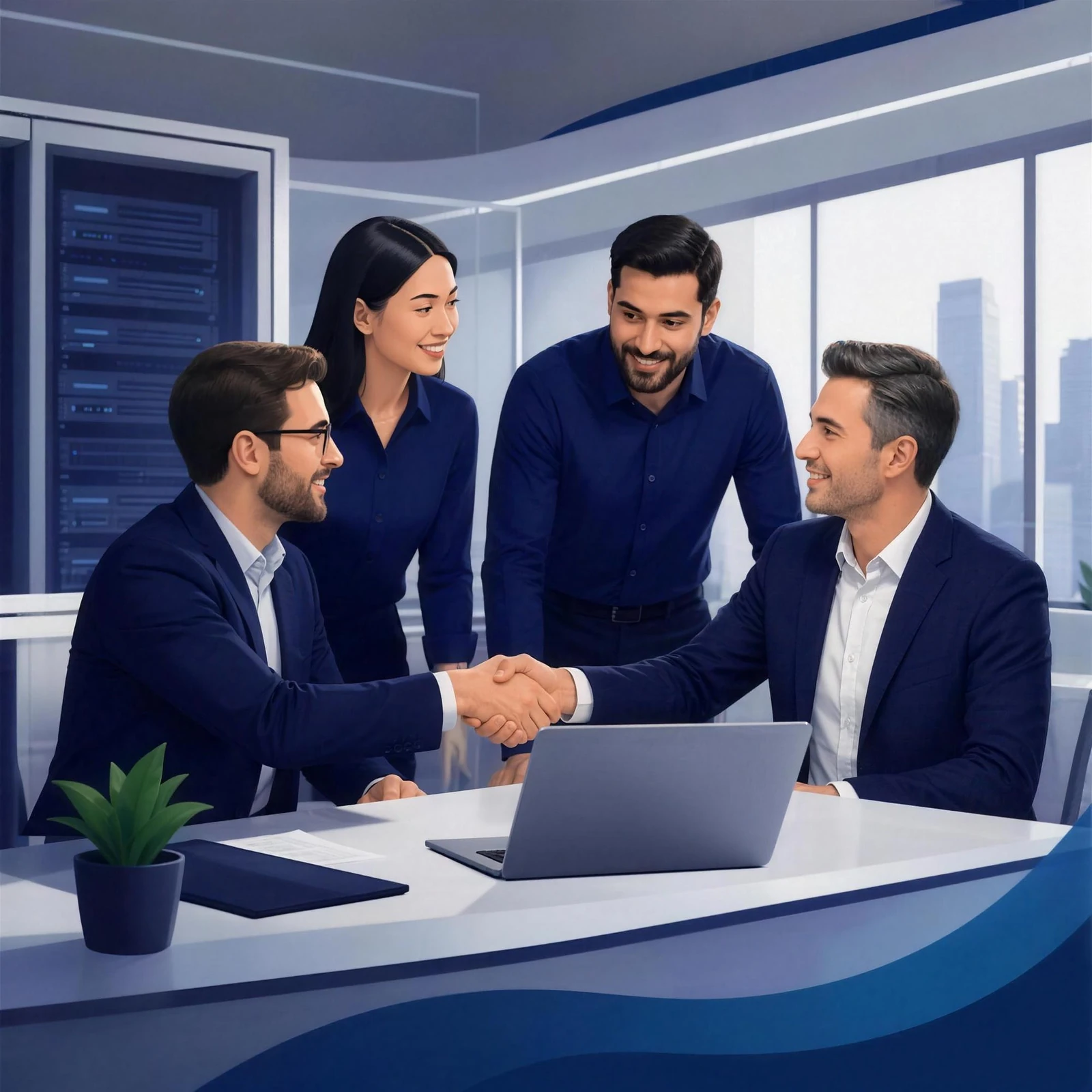 Illustration: Team im Büro besiegelt eine Zusammenarbeit per Handschlag