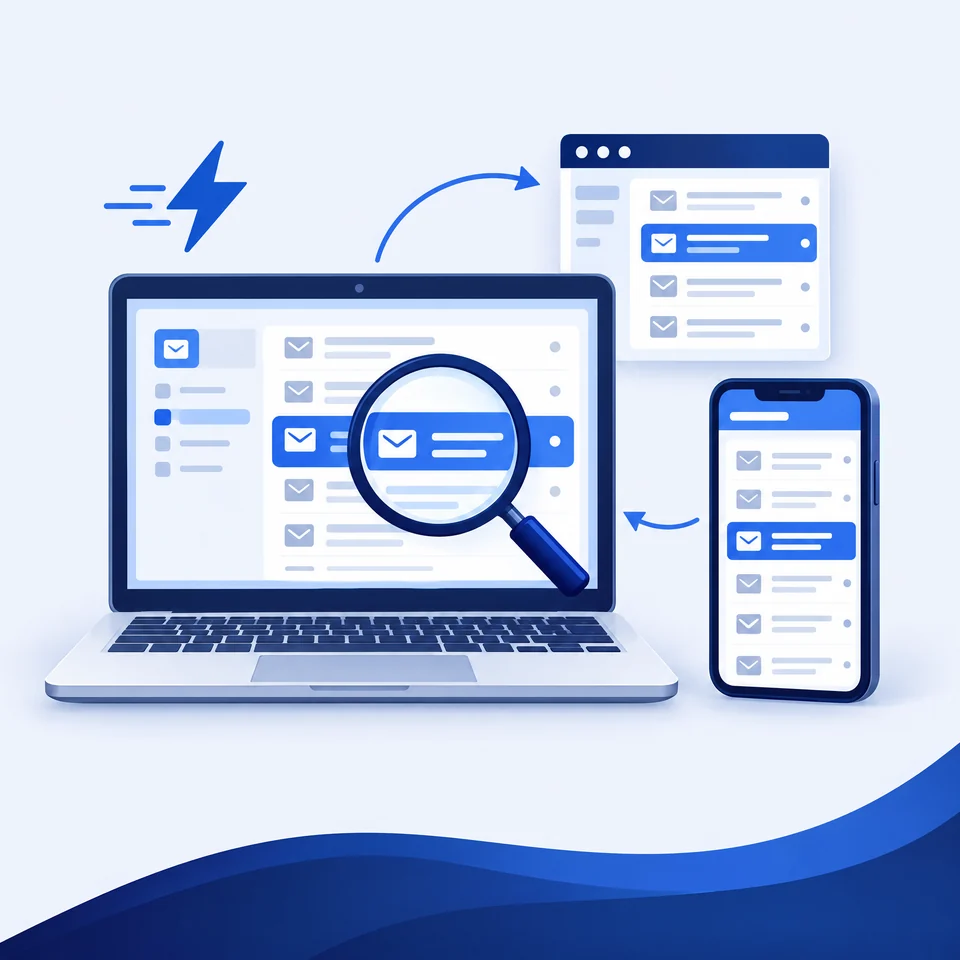 Illustration: schneller Zugriff auf archivierte E-Mails per Laptop, Smartphone und Browser