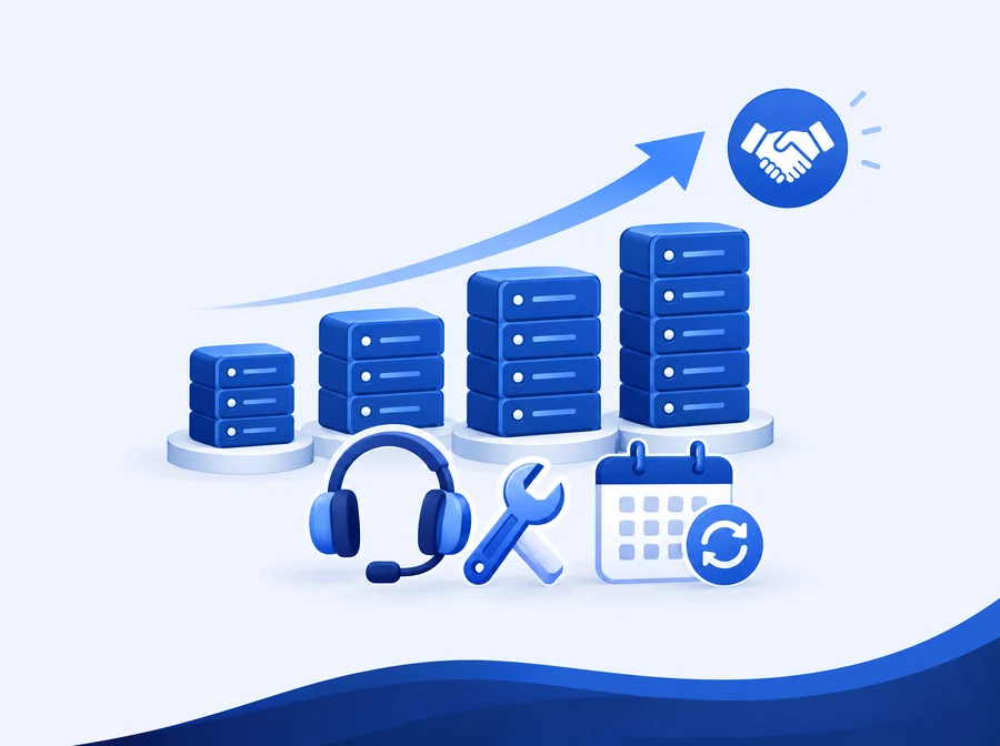 Illustration: wachsende Infrastruktur mit laufendem Support, Wartung und Weiterentwicklung