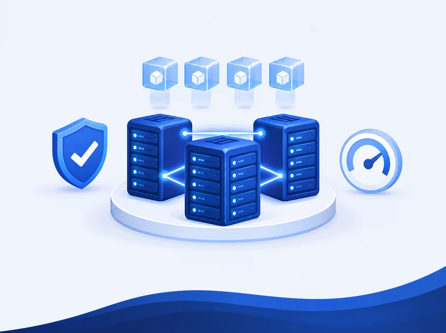Illustration: hochverfügbarer Proxmox-Cluster aus drei vernetzten Servern mit virtuellen Maschinen
