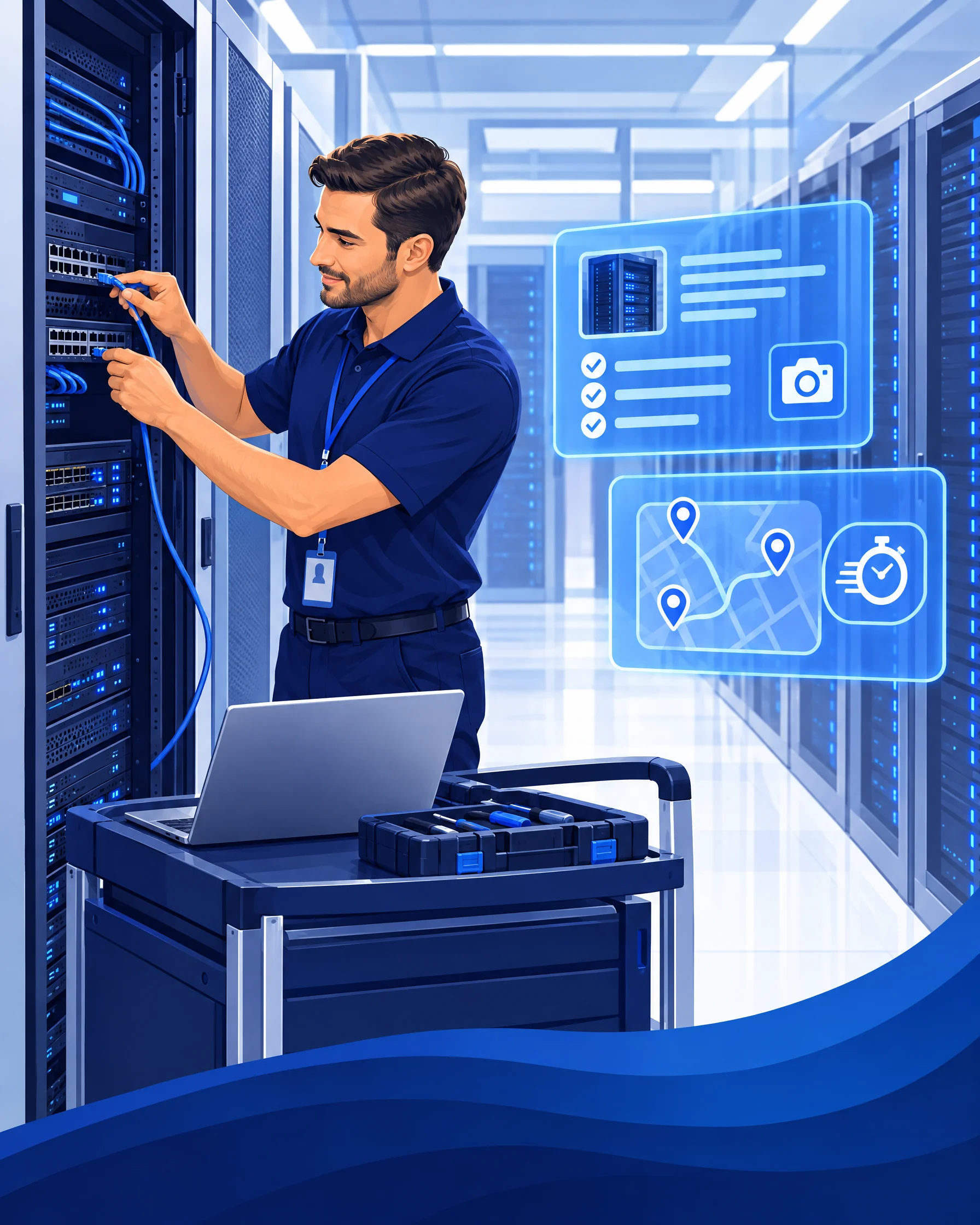 Illustration: Techniker verkabelt einen Server im Rechenzentrum, daneben Arbeitsbericht mit Fotos und Karte der Einsatzorte