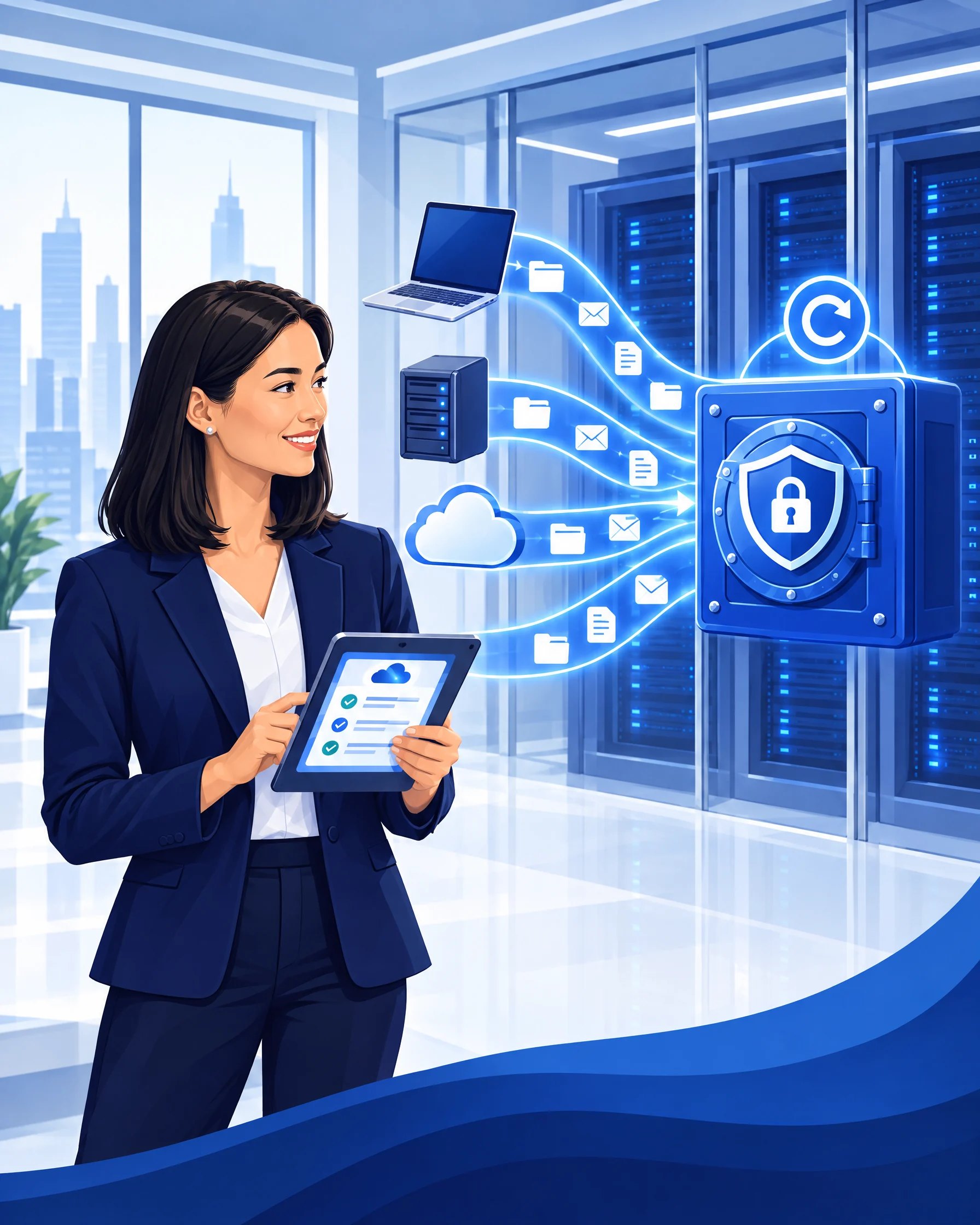 Illustration: Daten von Laptop, Server und Cloud fließen in einen geschützten Backup-Tresor im Rechenzentrum