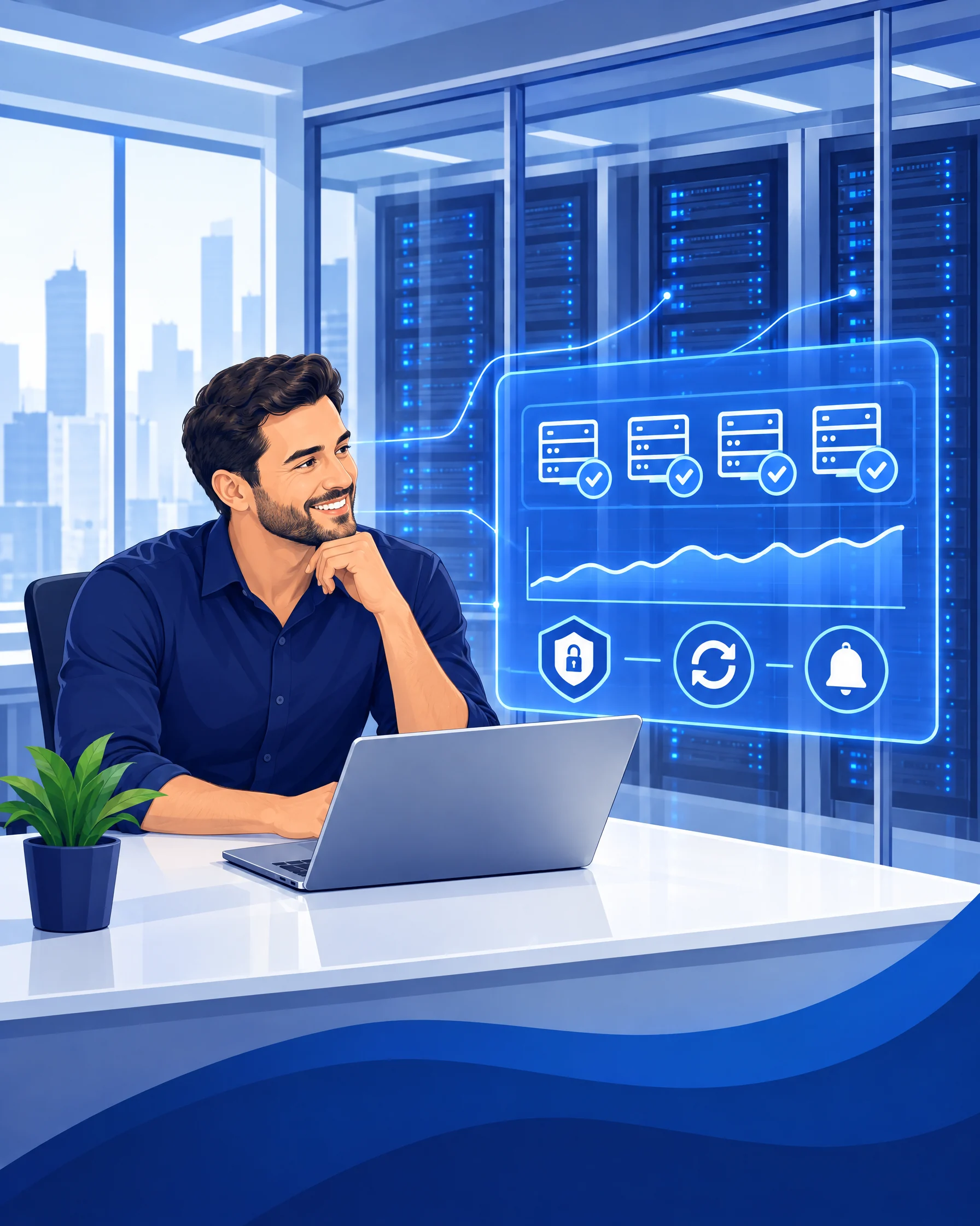 Illustration: system administrator calmly managing servers - dashboard with checked servers, uptime chart, security patches and alerting