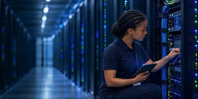 Technikerin prüft die Verkabelung an einem Server-Rack im Rechenzentrum